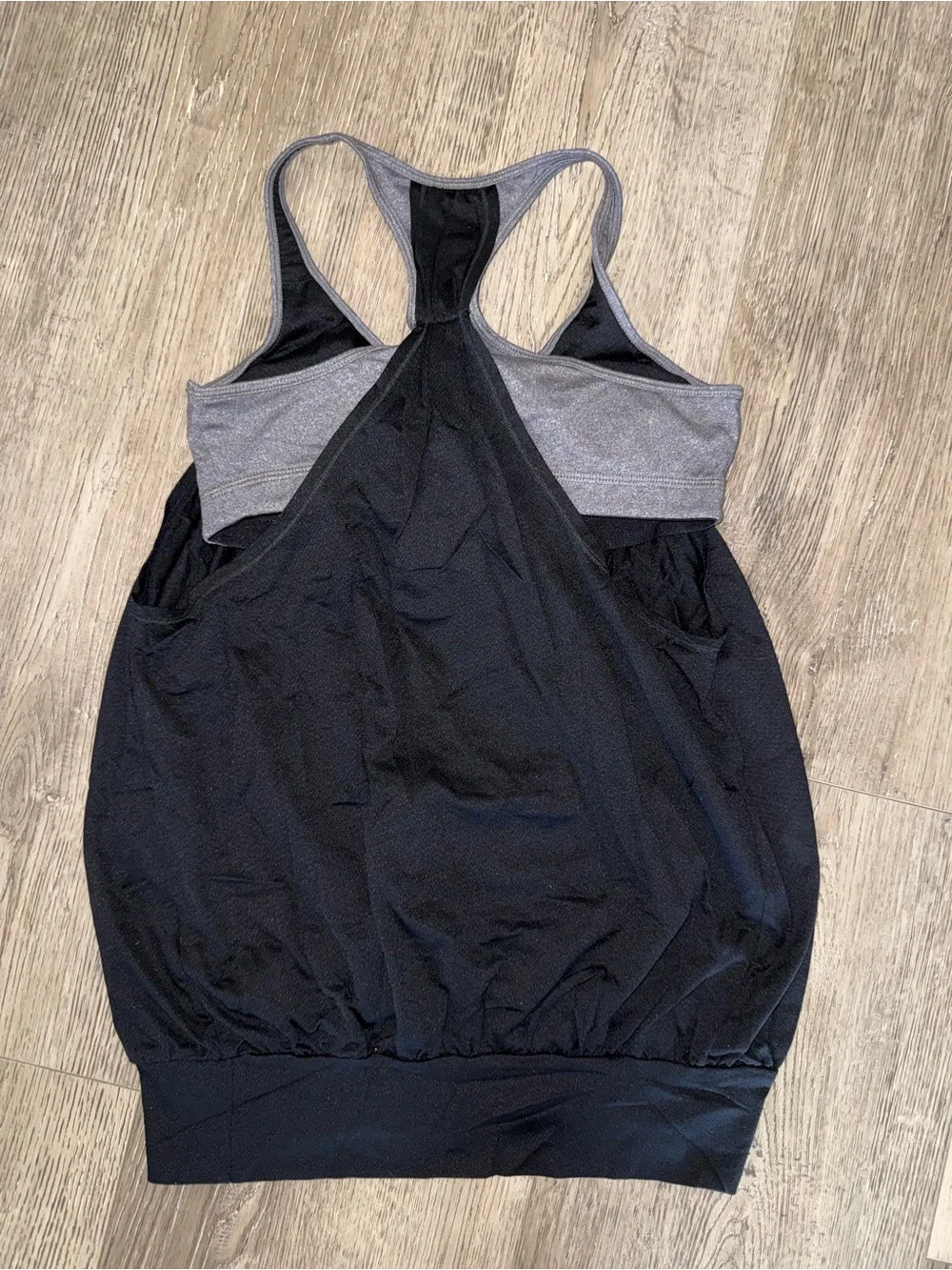 ALO Yoga layered 2-n-one Workout Black Tank with Gray Trim Racerback